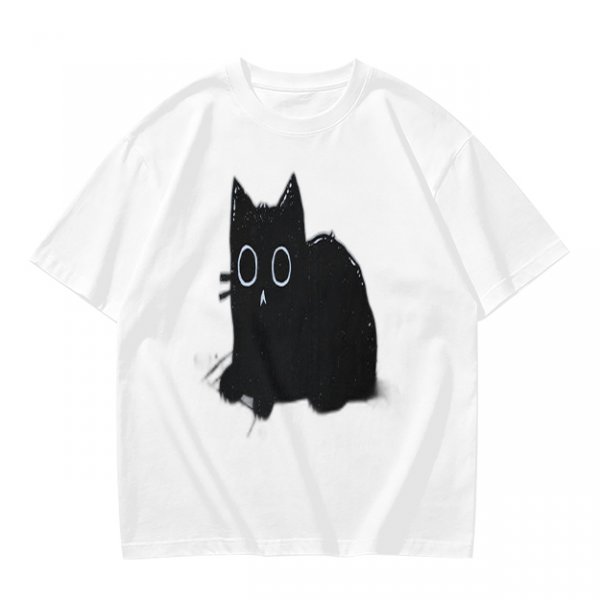 Oversized Olive T-Shirt With Black Cat Graphic Print