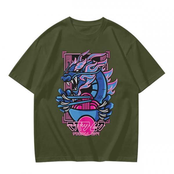 Olive T-Shirt With Neon Blue Dragon Holding Ramen Chopsticks Art