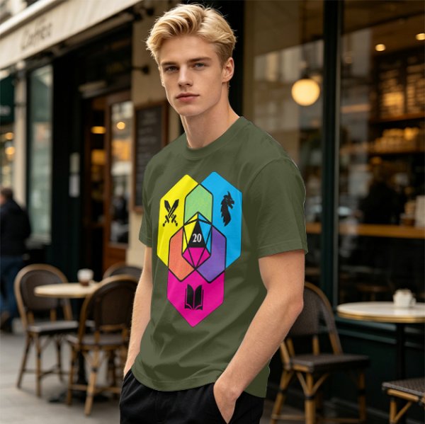 Olive T-Shirt With D20 And Fantasy RPG Themed Hexagon Art