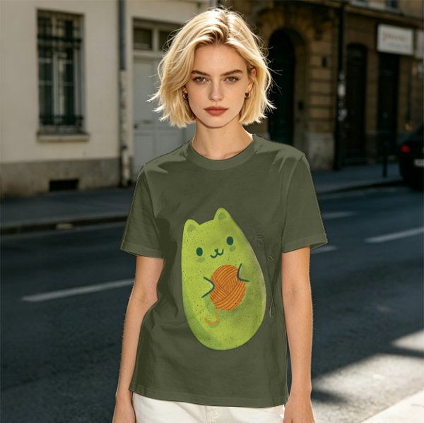 Olive Green T-Shirt With Cute Avocado Cat Holding Yarn Ball Print
