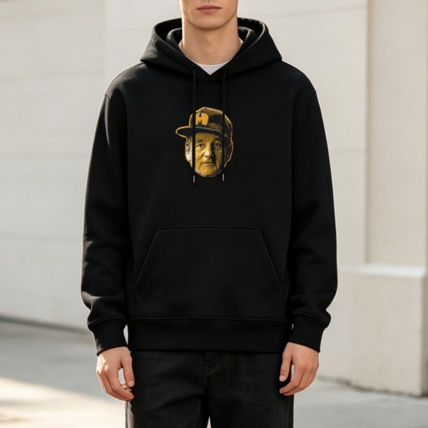 Black Hoodie With Printed Portrait Of A Man In A Cap
