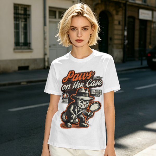 Olive t-shirt with detective cat 'Paws on the Case' graphic