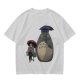 Olive T-shirt with Totoro and masked figure under umbrellas print