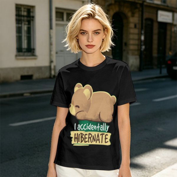 Olive t-shirt with sleeping bear and 'I accidentally hibernate' text