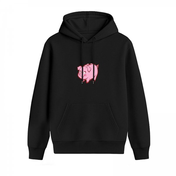Black Hoodie With Cute Pink Pig Graphic Print