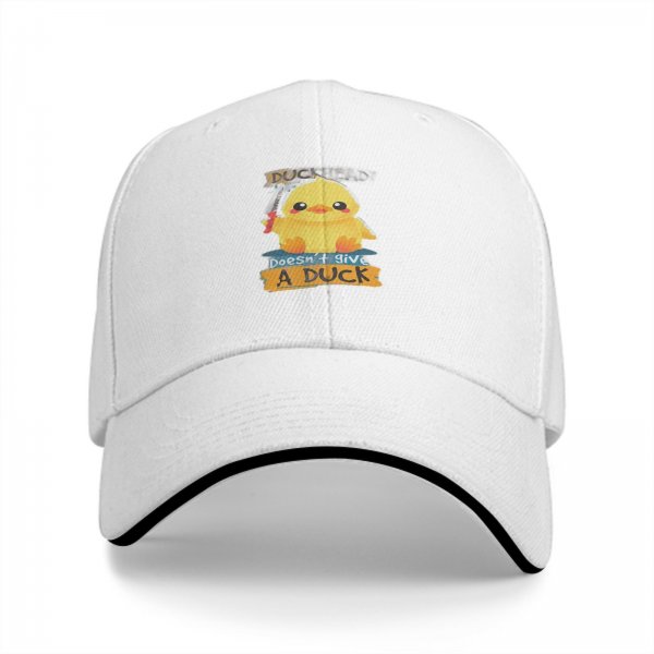 Black baseball cap with funny duck graphic that says doesn't give a duck