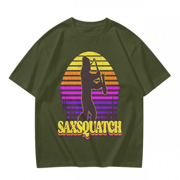 Saxsquatch Bigfoot Playing Saxophone Retro Sunset T-Shirt