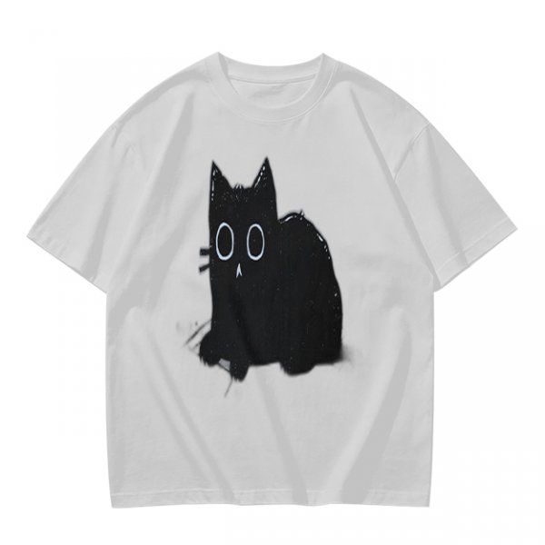 Oversized Olive T-Shirt With Black Cat Graphic Print