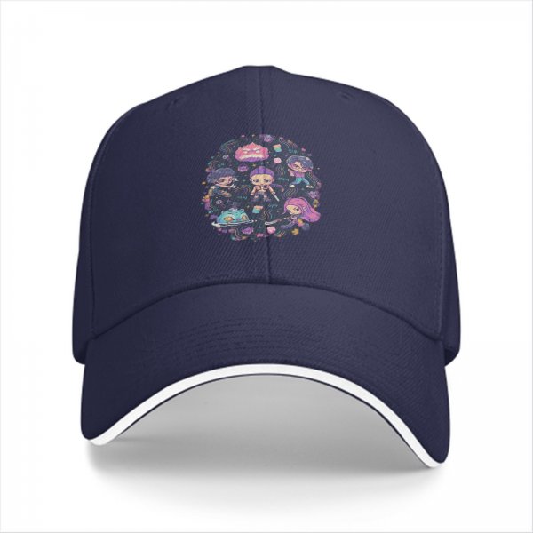 Black Baseball Cap with Cute Chibi Fantasy Character Print