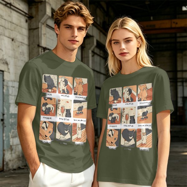 Olive T-Shirt with 9 Grid Cute Cat Illustrations Print