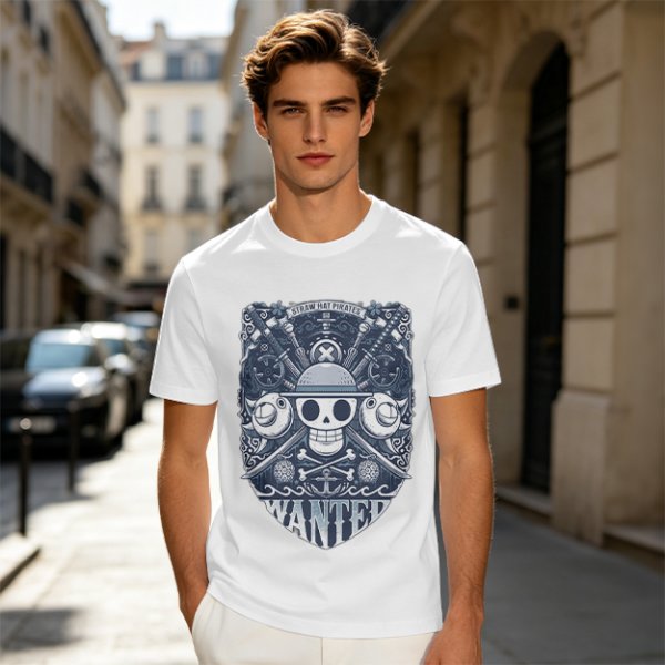 Olive T-shirt with Straw Hat Pirates Wanted Pirate Emblem Print