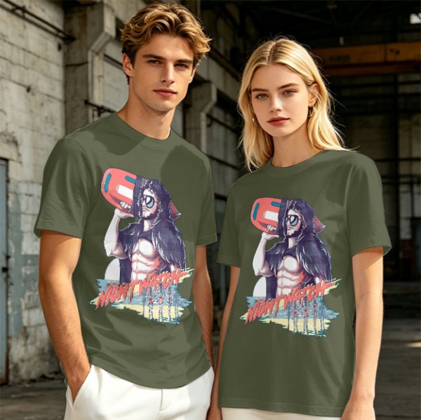 Olive Graphic T-Shirt with Muscular Figure Holding Red Device and Night Watch Text