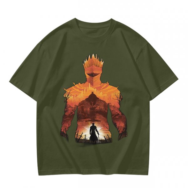 Olive T-Shirt With Giant Fire Warrior Silhouette And Small Knight Print