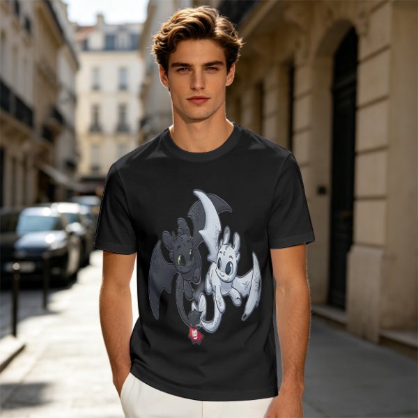 Olive T-Shirt Featuring Toothless and Light Fury Dragons