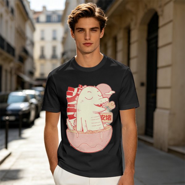 Olive t-shirt with a cartoon dinosaur in a ramen bowl graphic