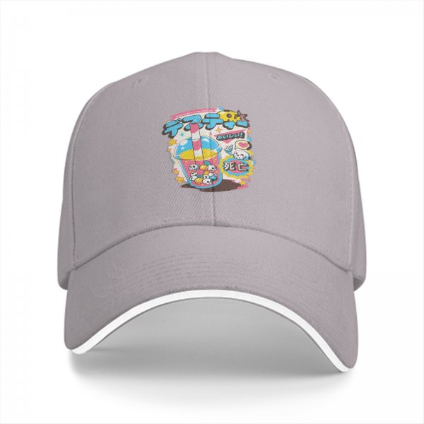 Black baseball cap with kawaii skull bubble tea graphic print