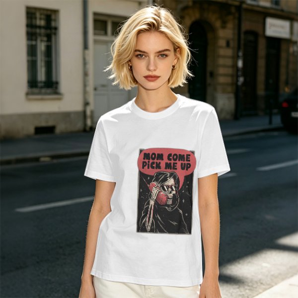 Olive Graphic T-Shirt With Grim Reaper 'Mom Come Pick Me Up' Print