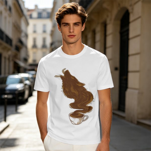 Olive T-Shirt With Coffee Wolf Steam Graphic Print