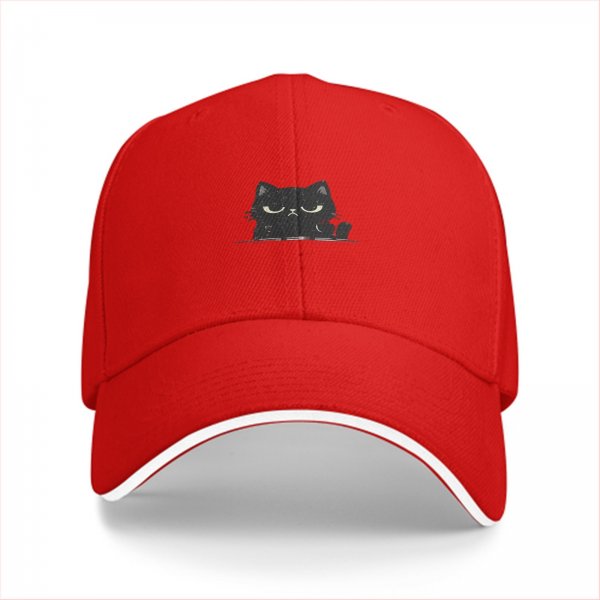 Black Baseball Cap With Grumpy Black Cat Graphic Design