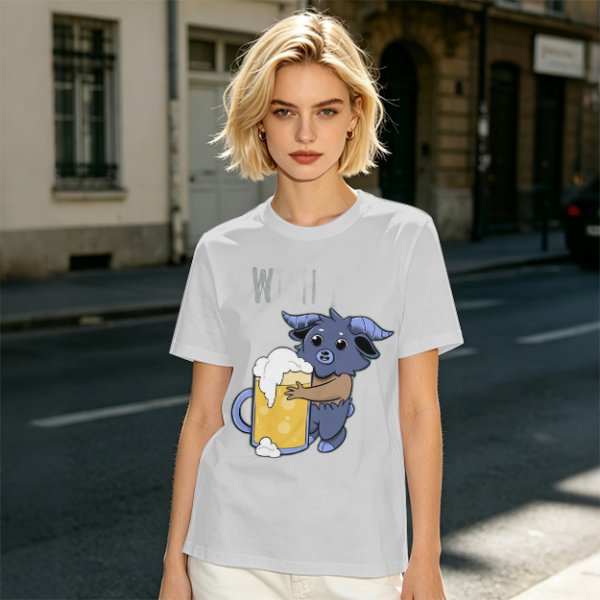Olive T-Shirt With Cute Blue Goat Holding Foamy Beer Mug Print