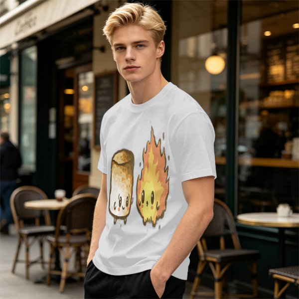 Olive T-Shirt With Cute Roasted Marshmallow And Fire Graphic