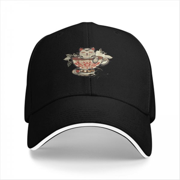 Black Baseball Cap With Maneki-neko In Teacup Graphic
