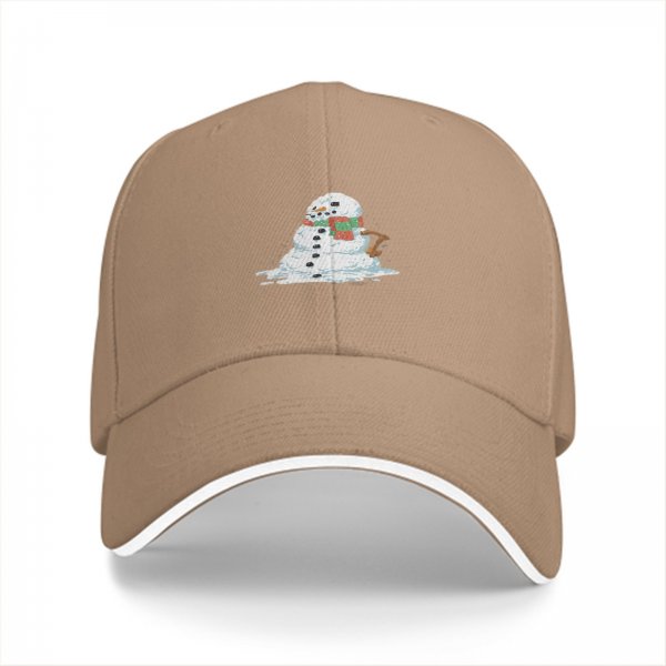 Black baseball cap with a melting snowman graphic for winter style