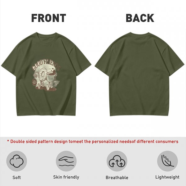 Olive green graphic t-shirt with good friends donut and coffee print