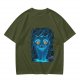 Olive T-shirt with Glowing Blue Cheshire Cat Graphic