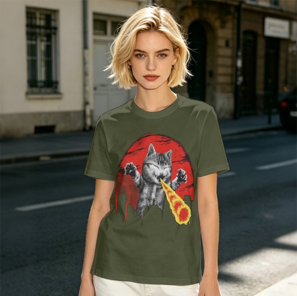Olive T-Shirt With Laser Beam Shooting Cat Graphic