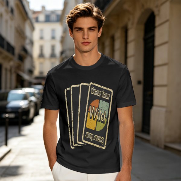 Olive T-Shirt with Retro Uno Wild Draw Four Card Graphic