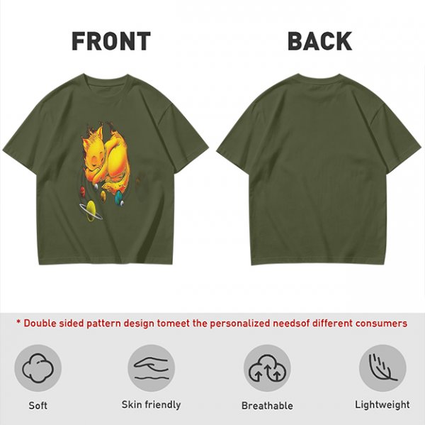 Olive T-Shirt With Sleeping Cosmic Cat And Planets Graphic