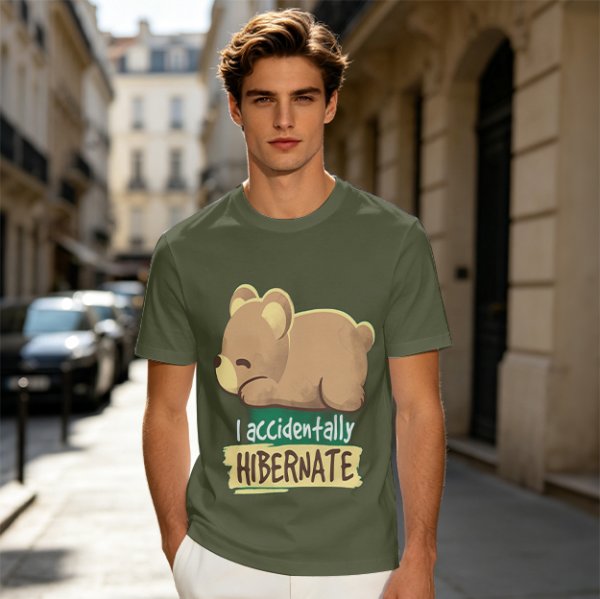 Olive t-shirt with sleeping bear and 'I accidentally hibernate' text