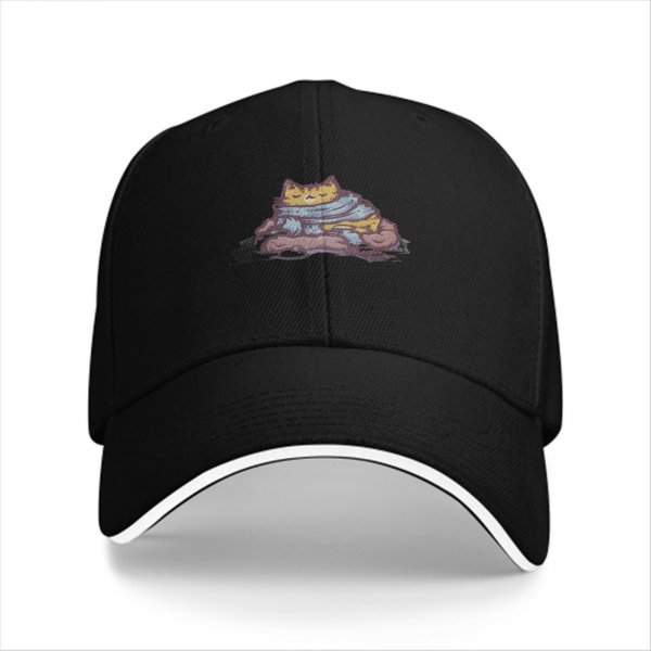 Black Baseball Cap With Cozy Sleeping Cat Graphic