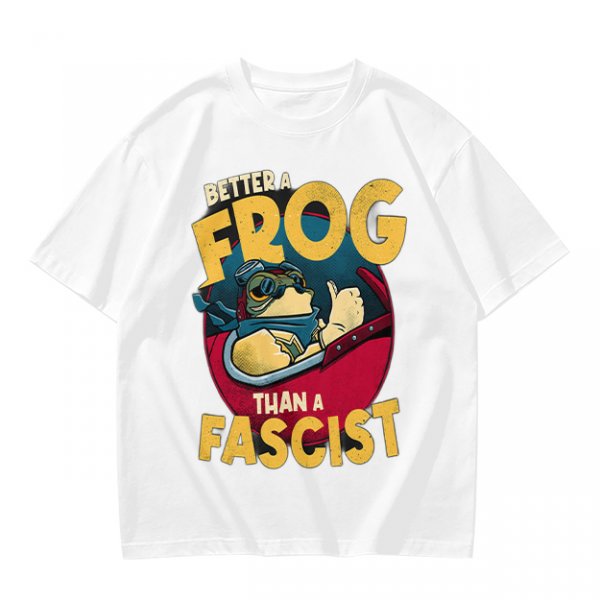Olive graphic t-shirt with 'Better a Frog Than a Fascist' pilot frog design