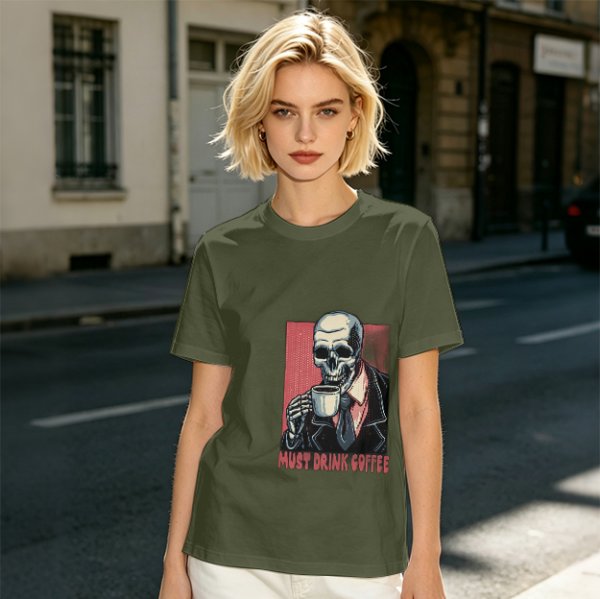Olive T-shirt with Skeleton Drinking Coffee Must Drink Coffee Print