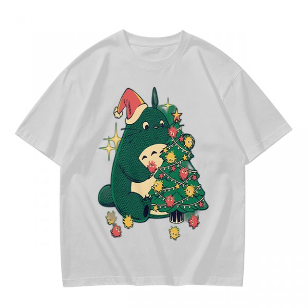 Olive Green T-Shirt With Christmas Totoro Decorating Tree Print
