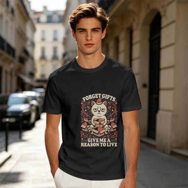 Olive t-shirt with grumpy cat holding boxes and text 'Forget Gifts Give Me A Reason To Live'