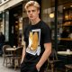 Olive T-Shirt with a Sleeping Cat on a Laptop Print