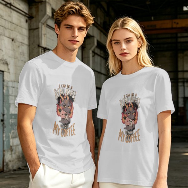 Olive graphic t-shirt with 'I can be a real devil before my coffee' print