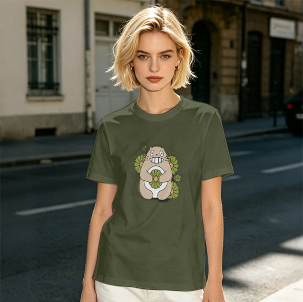 Olive Green T-Shirt With Cute Totoro And Leaf Print