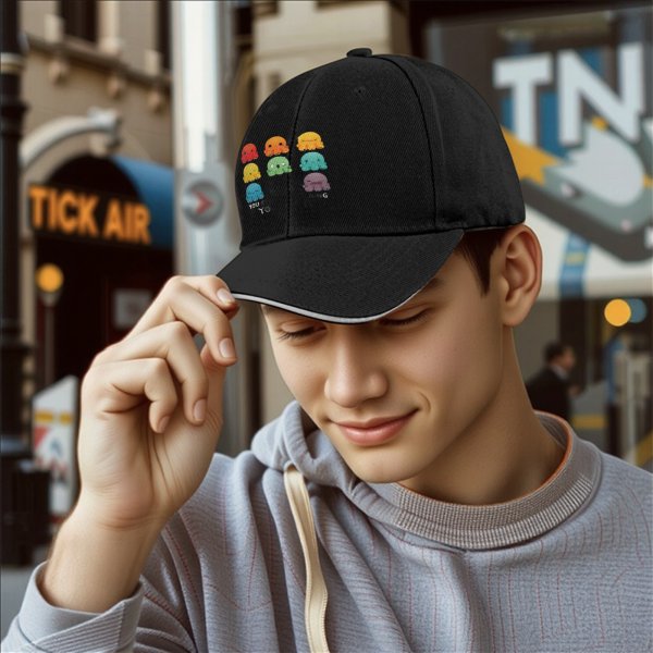 Black baseball cap with colorful emotional octopus graphic print