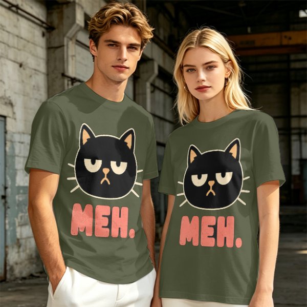Olive T-Shirt With Grumpy Black Cat Meh Graphic Print