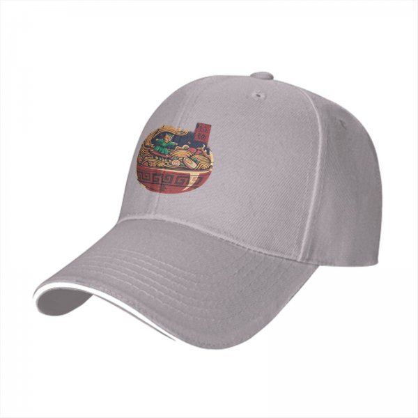 Black Baseball Cap With Ramen Bowl Cat Warrior Artwork