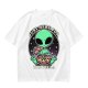 Olive green t-shirt with alien eating pizza text Just Here For The Pizza
