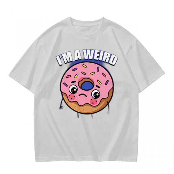 Olive green t-shirt with sad donut graphic and 'I'M A WEIRD' text