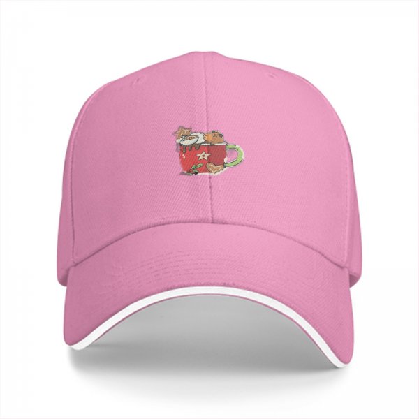 Black baseball cap with festive red mug and treats graphic