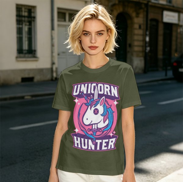Unicorn Hunter Graphic Tee with Sword and Sparkle Design