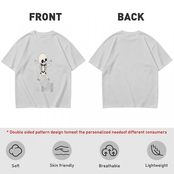 Olive green t-shirt with cute cartoon skeleton graphic