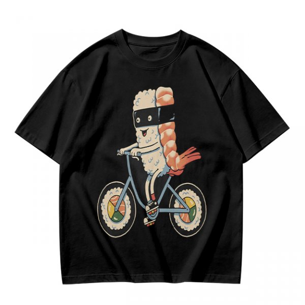 Olive T-Shirt With Sushi Ninja Riding Bicycle Print